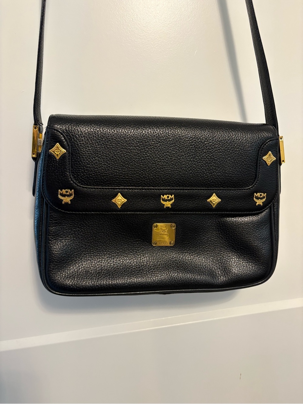 MCM Black Leather Shoulder Bag with Gold Hardware